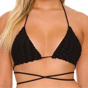 Good American Jacquard Wave Check Tiny Ties Wrap Bikini Top Black 4 US XL